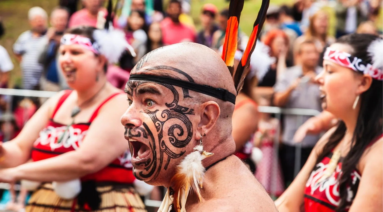 Kapa haka performer with a moko kanohi and feathers in his headband, mid-haka, with an audience behind him