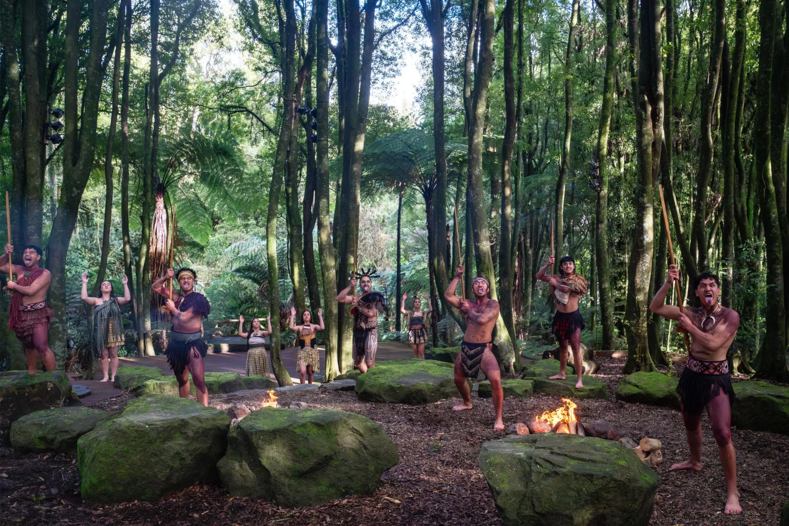 Te Pā Tū performers spread among tall tawa trees with bonfires burning in the forest amphitheatre