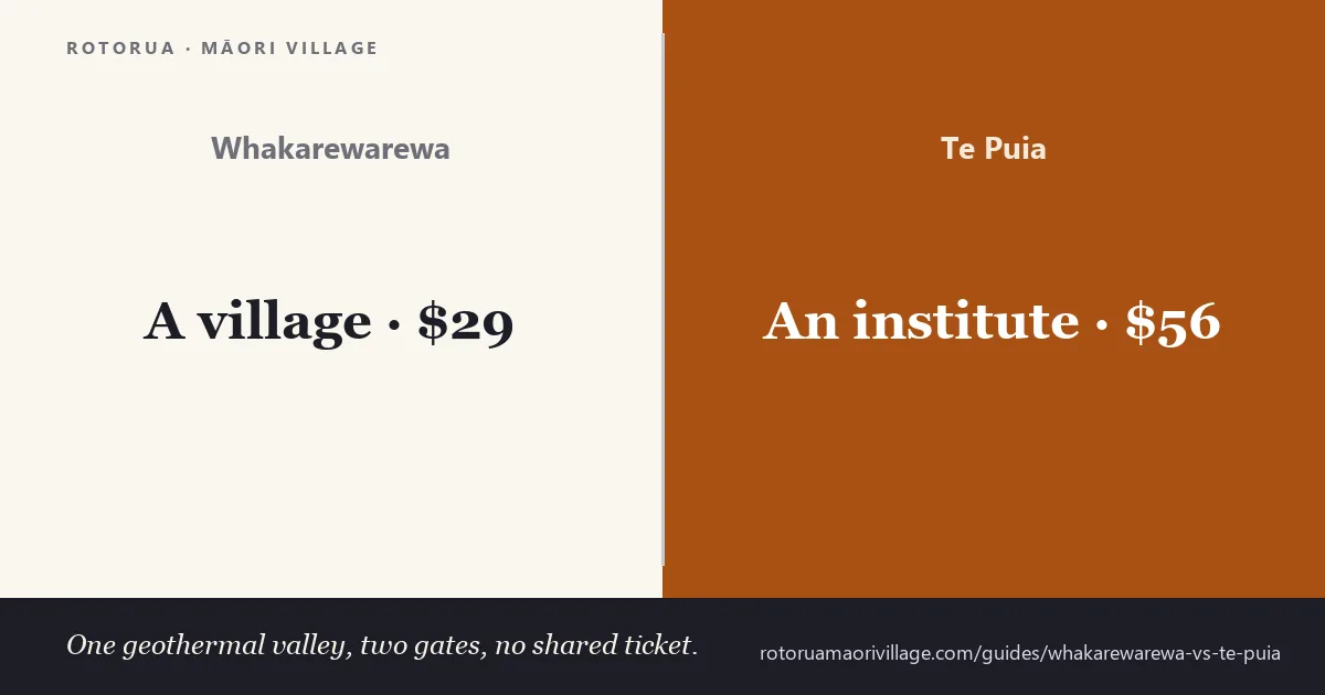 Whakarewarewa is a village at $29 and Te Puia is an institute at $56 — one geothermal valley, two gates, no shared ticket